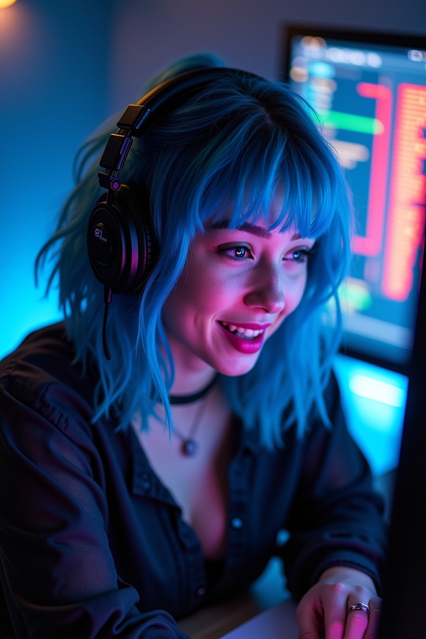 flux dev a young neonpunk woman with electric blue hair streak 1