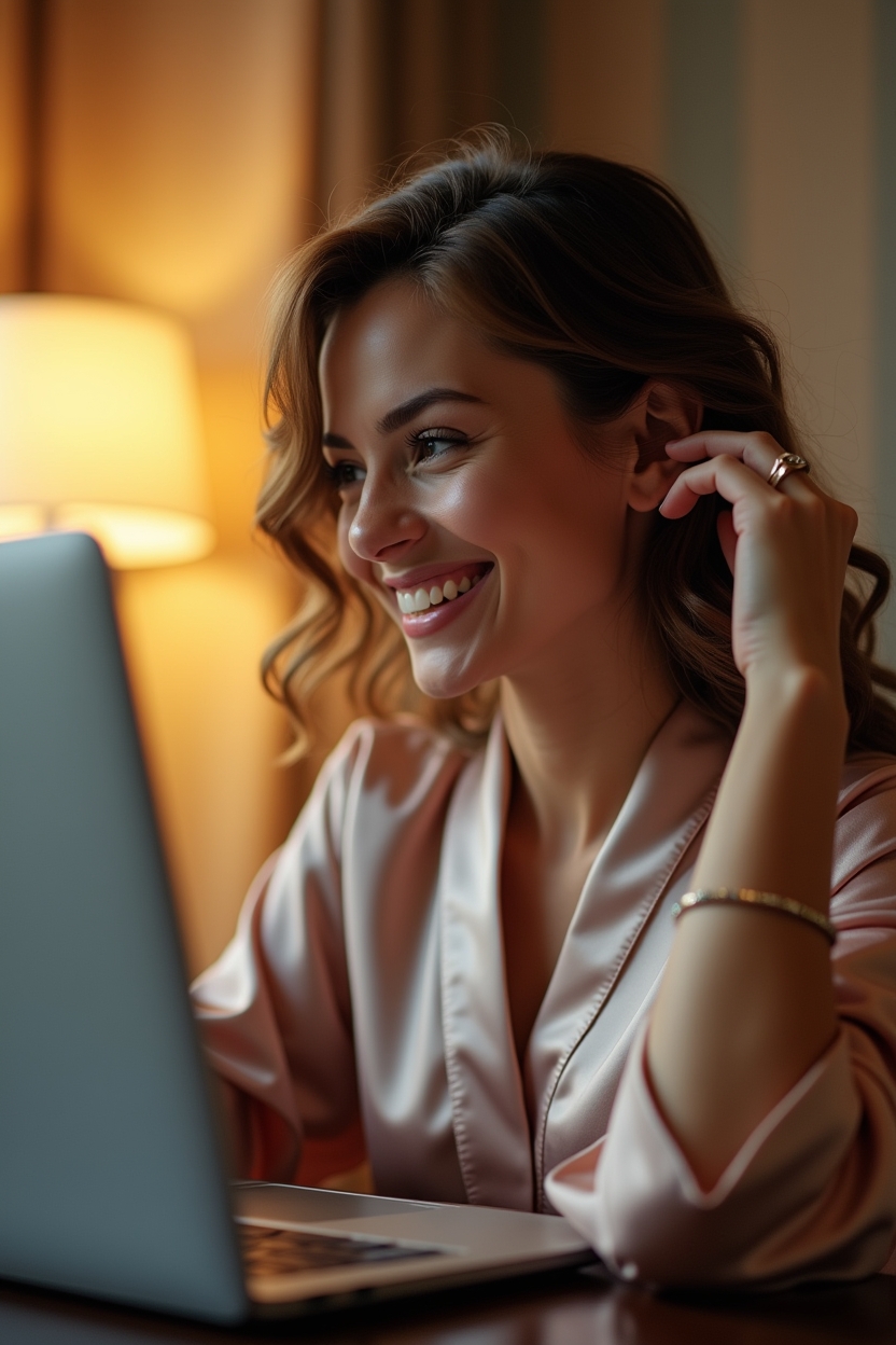 flux dev an elegant woman in a silk robe after work video chat 3