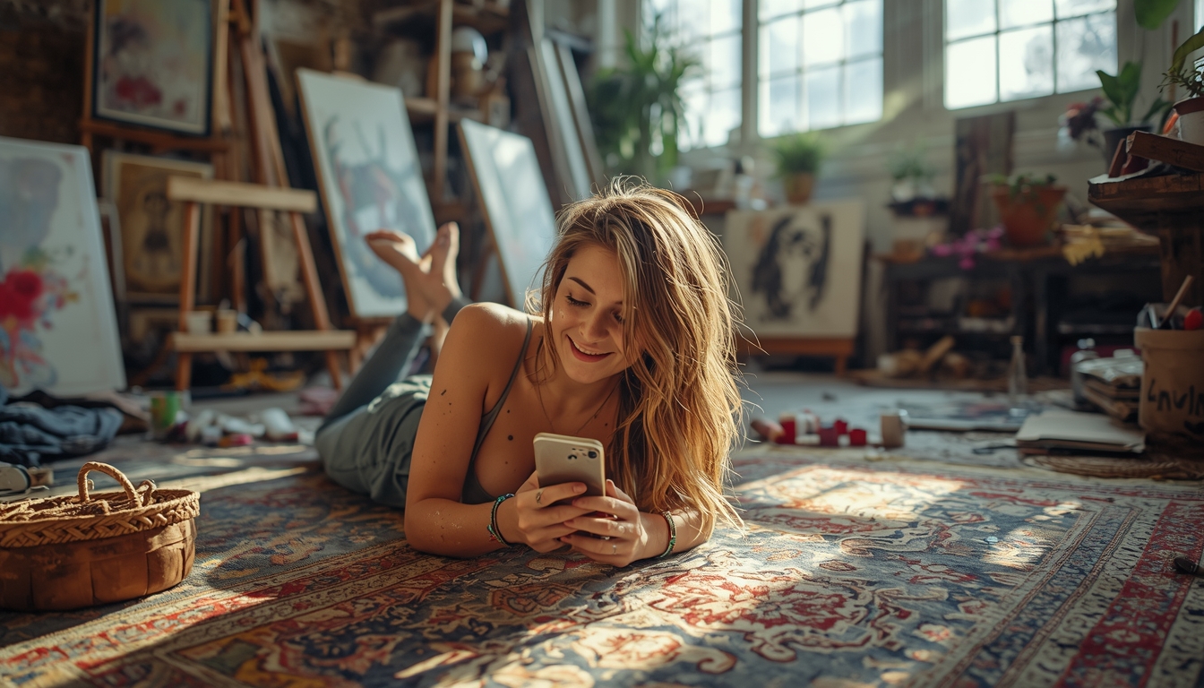 lucid origin a bohemian artist with paint streaks in her hair texting from her cluttered stud 0