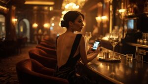 lucid origin a mysterious woman in a backless velvet evening gown sitting alone at a dimly li 0