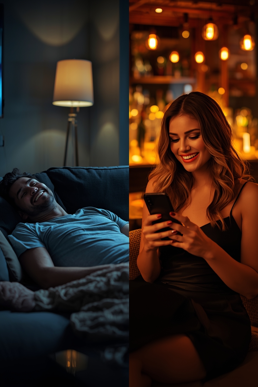 lucid origin cinematic split screen shot left side a tired but happy man in a simple t shirt 0