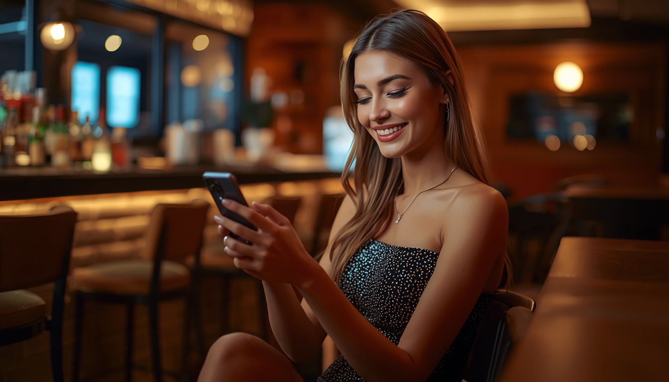 lucid origin fashion photo of a young woman in a cocktail dress sitting in a modern bar and s 0
